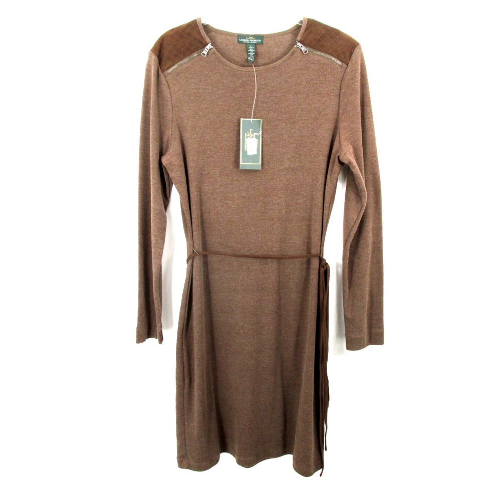NWT LAUREN RALPH LAUREN Midi Shift Knit Dress Women L Brown Suede Patches Fall